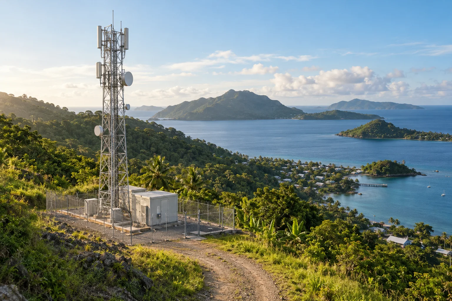 Illustrative Pacific island communications tower overlooking a coastal community